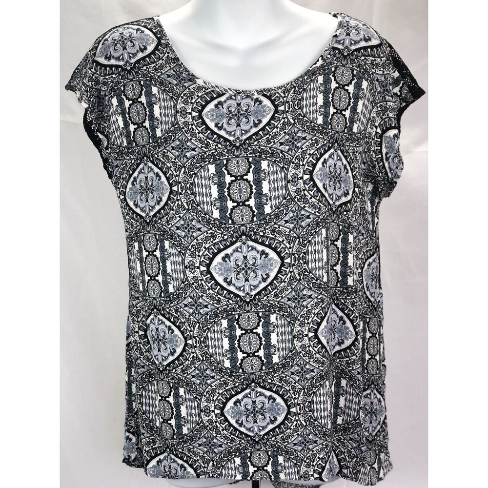 Soul Cake Top S Gray/ Blk Geo Abstract Scoop Neck Lace Back Whimsy Goth Artsy